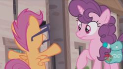 Size: 1236x694 | Tagged: safe, screencap, scootaloo, sugar belle, pony, g4, hard to say anything