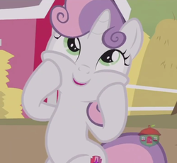 Size: 519x477 | Tagged: safe, edit, edited screencap, screencap, sweetie belle, pony, unicorn, g4, hard to say anything, cropped, cute, diasweetes, female, fence, filly, hay bale, hooves on cheeks, open mouth, smiling, solo, squishy cheeks, sweet apple acres, sweetie belle is a marshmallow too, treehouse logo