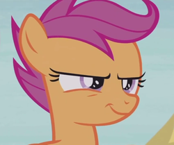 Size: 568x475 | Tagged: safe, edit, edited screencap, screencap, scootaloo, pegasus, pony, g4, hard to say anything, bust, cropped, female, smiling, smirk, solo