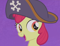 Size: 620x477 | Tagged: safe, edit, screencap, apple bloom, earth pony, pony, g4, hard to say anything, my little pony: friendship is magic, bust, cropped, female, hat, pirate bloom, pirate hat, solo, spyrate