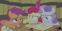 Size: 814x411 | Tagged: safe, edit, edited screencap, screencap, apple bloom, scootaloo, sweetie belle, earth pony, pegasus, pony, unicorn, g4, hard to say anything, book, clown wig, cropped, cutie mark crusaders, glasses, reading, treehouse logo, trio, wig