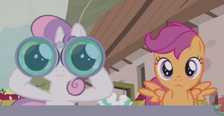 Size: 702x364 | Tagged: safe, edit, edited screencap, screencap, scootaloo, sweetie belle, pegasus, pony, unicorn, g4, hard to say anything, apple, binoculars, bucket, cropped, duo, duo female, female, food, treehouse logo