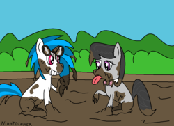 Size: 1030x746 | Tagged: safe, alternate version, artist:amateur-draw, dj pon-3, octavia melody, vinyl scratch, earth pony, pony, unicorn, g4, duo, female, mare, ms paint, mud, muddy, tongue out, unamused