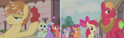 Size: 1546x474 | Tagged: safe, edit, edited screencap, screencap, apple bloom, big macintosh, dear darling, feather bangs, fond feather, scootaloo, sweetie belle, swoon song, earth pony, pony, g4, hard to say anything, bedroom eyes, bimbettes, excited, frown, male, smiling, stallion, unamused, wavy mouth, worried