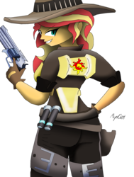 Size: 1024x1357 | Tagged: safe, artist:missmayaleanne, sunset shimmer, equestria girls, g4, crossover, female, grin, gun, jesse mccree, looking at you, overwatch, simple background, smiling, solo, transparent background, weapon