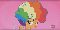 Size: 1920x970 | Tagged: safe, screencap, scootaloo, pony, g4, hard to say anything, agent rainbow head, clown wig, meme, youtube caption