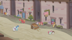 Size: 1366x768 | Tagged: safe, screencap, apple bloom, big macintosh, double diamond, feather bangs, ivy vine, party favor, scootaloo, sugar belle, super funk, sweetie belle, earth pony, pony, g4, hard to say anything, cutie mark crusaders, male, our town, ship:sugarbangs, stallion