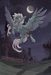 Size: 973x1443 | Tagged: safe, artist:koviry, oc, oc only, oc:ice, pegasus, pony, castle of the royal pony sisters, cloud, crescent moon, female, flying, mare, moon, night, solo, spread wings, stars, wings