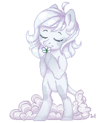 Size: 687x838 | Tagged: safe, artist:intfighter, oc, oc only, pony, bipedal, eyes closed, flower, piebald coat, pixel art, pixiv, sniffing