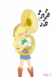 Size: 1439x2110 | Tagged: safe, artist:haleyc4629, artist:haleyc8620, applejack, equestria girls, g4, my little pony equestria girls: rainbow rocks, blowing, cowgirl, eyes closed, female, jamming out, music notes, musical instrument, playing instrument, puffy cheeks, simple background, solo, sousaphone, tuba, tubajack, white background