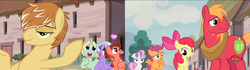 Size: 1920x540 | Tagged: safe, screencap, apple bloom, big macintosh, dear darling, feather bangs, fond feather, scootaloo, sweetie belle, swoon song, earth pony, pony, g4, hard to say anything, bimbettes, cutie mark crusaders, female, male, stallion, straight, swoon