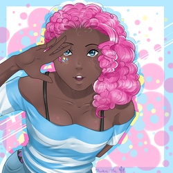Size: 2000x2000 | Tagged: safe, artist:dedonnerwolke, pinkie pie, human, g4, breasts, cleavage, clothes, colored pupils, dark skin, female, freckles, high res, humanized, looking at you, off shoulder