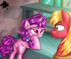 Size: 2800x2300 | Tagged: safe, artist:katakiuchi4u, big macintosh, sugar belle, earth pony, pony, g4, hard to say anything, bedroom eyes, butt, duo, female, high res, looking at each other, male, mare, plot, ship:sugarmac, shipping, smiling, stallion, straight, sugar butt