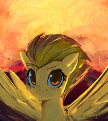 Size: 801x902 | Tagged: safe, artist:mirroredsea, spitfire, pegasus, pony, g4, colored pupils, evening, female, looking at you, mare, smiling, solo, spread wings, sunset, wings