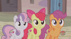Size: 843x467 | Tagged: safe, screencap, apple bloom, scootaloo, sweetie belle, earth pony, pony, g4, hard to say anything, animated, cutie mark crusaders, female, gif, hair flip