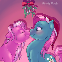 Size: 4000x4000 | Tagged: dead source, safe, artist:pinkieposh, minty, pinkie pie (g3), earth pony, pony, g3, blushing, christmas, cute, female, holiday, lesbian, mare, mistletoe, ship:mintypie, shipping