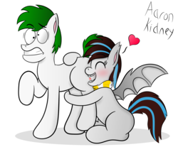 Size: 3500x3000 | Tagged: safe, artist:aarondrawsarts, oc, oc only, oc:bing, oc:breezy, bat pony, earth pony, pony, bingzy, biting, blushing, butt, butt bite, butthug, couple, duo, eyes closed, gritted teeth, heart, high res, hug, kuledud3, literal butthurt, ouch, pain, plot, raised hoof, shipping, shrunken pupils, simple background, sitting, spread wings, transparent background, wings