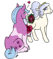 Size: 585x646 | Tagged: safe, artist:quoting_mungo, oc, oc only, oc:opalescent pearl, oc:puppy love, crystal pony, earth pony, pony, chocolates, courtship, female, flower, glitter, male, mare, rose, simple background, stallion, tail wag, transparent background