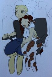 Size: 2207x3264 | Tagged: safe, artist:/d/non, oc, oc only, oc:petunia, oc:utah, satyr, colored, cute, female, high res, male, parent:applejack, parent:daisy jo, sitting, sleeping, sleeping while sitting