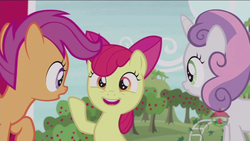 Size: 1920x1080 | Tagged: safe, screencap, apple bloom, scootaloo, sweetie belle, earth pony, pony, g4, hard to say anything, cutie mark crusaders, sweet apple acres