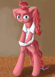 Size: 1000x1400 | Tagged: safe, artist:crashbrowns, pinkie pie, earth pony, pony, semi-anthro, g4, bipedal, clothes, female, mare, open mouth, shirt, solo