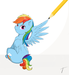 Size: 1726x1878 | Tagged: safe, artist:taxar, part of a set, rainbow dash, pony, g4, cute, drawn into existence, ear fluff, female, looking back, pencil, simple background, sitting, solo