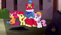 Size: 1336x764 | Tagged: safe, screencap, apple bloom, big macintosh, scootaloo, sweetie belle, earth pony, pony, g4, hard to say anything, binoculars, cutie mark, cutie mark crusaders, dressup, faic, female, filly, male, missing cutie mark, prince outfit, ruff (clothing), stallion, the cmc's cutie marks