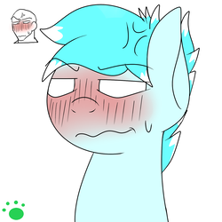 Size: 1500x1500 | Tagged: safe, artist:vorian caverns, oc, oc only, oc:frosty, pony, angry, blushing, emotion meme, male, multicolored hair, signature, simple background, solo, stallion, white background, white eyes