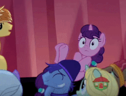 Size: 358x274 | Tagged: safe, screencap, dear darling, feather bangs, glamor trot, smooth vibes, stereo mix, sugar belle, pony, unicorn, g4, hard to say anything, animated, backup dancers, faceplant, female, gif, graceful, majestic as fuck, male, mare, stallion