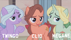 Size: 1236x694 | Tagged: safe, screencap, dear darling, fond feather, swoon song, earth pony, pegasus, pony, unicorn, g4, hard to say anything, my little pony: friendship is magic, background pony, bimbettes, female, mare, renault, trio