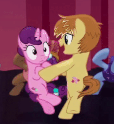 Size: 256x280 | Tagged: safe, screencap, feather bangs, sugar belle, earth pony, pony, unicorn, g4, hard to say anything, animated, bipedal, cute, dancing, female, frown, gif, holding hooves, male, mare, open mouth, raised leg, ship:sugarbangs, smiling, spinning, stallion, twirl, wide eyes