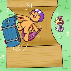 Size: 1000x1000 | Tagged: safe, artist:espeonna, apple bloom, scootaloo, sweetie belle, earth pony, pegasus, pony, g4, cutie mark crusaders, half pipe, happy, helmet, ramp, scooter