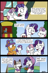 Size: 2270x3431 | Tagged: safe, artist:bobthedalek, rarity, sweetie belle, twisty pop, pony, sheep, unicorn, forever filly, g4, balloon, clothes, comic, costume, duo, duo female, female, filly, foal, high res, imminent marshmelodrama, implied cookie crumbles, lamb costume, little bo peep, male, mare, midlife crisis, puppet, rari-bo peep, sheepie belle, siblings, sisters, squishy cheeks, stallion, sweetie belle is not amused, this will end in marshmelodrama, thunderbirds, unamused