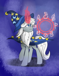 Size: 1280x1646 | Tagged: safe, artist:espeonna, star swirl the bearded, pony, unicorn, g4, abstract background, beard, bell, cloak, clothes, facial hair, glowing horn, hat, horn, magic, magic aura, male, solo, stallion