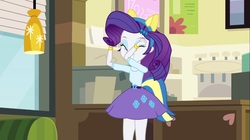 Size: 1100x618 | Tagged: safe, screencap, rarity, equestria girls, g4, my little pony equestria girls, clothes, cutie mark on clothes, female, jumping, legs, paraskirt, purple skirt, skirt