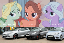 Size: 1236x829 | Tagged: safe, edit, edited screencap, screencap, dear darling, fond feather, swoon song, pony, g4, hard to say anything, bimbettes, car, renault, renault clio, renault megane, renault twingo, trio
