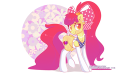 Size: 1280x760 | Tagged: safe, artist:feekteev, apple bloom, earth pony, pony, g4, alternate hairstyle, bow, clothes, female, hair bow, jewelry, necklace, ponytail, smiling, solo, stockings, thigh highs