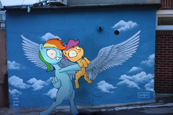 Size: 740x493 | Tagged: safe, rainbow dash, scootaloo, pegasus, pony, g4, duo, hoof hold, wall painting