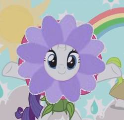 Size: 738x715 | Tagged: safe, edit, edited screencap, screencap, rarity, sweetie belle, pony, forever filly, g4, flower, flower costume, flowerity, solo focus, thankful reaction