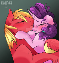 Size: 1280x1366 | Tagged: safe, artist:dragonfoxgirl, big macintosh, sugar belle, earth pony, pony, unicorn, g4, hard to say anything, cute, female, hnnng, hug, kissing, larger male, macabetes, male, mare, ship:sugarmac, shipping, size difference, smaller female, smiling, stallion, straight, sugarbetes, watermark