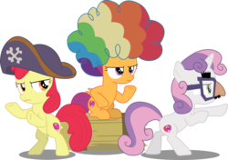 Size: 9993x7019 | Tagged: safe, artist:paganmuffin, apple bloom, scootaloo, sweetie belle, earth pony, pegasus, pony, unicorn, g4, hard to say anything, absurd resolution, agent rainbow head, bipedal, charlie's angels, customized toy, cutie mark, cutie mark crusaders, female, filly, glasses, hat, horn, mare, pirate hat, raised hoof, shimmering spectacles, simple background, sitting, spyrate, the cmc's cutie marks, toy, transparent background, trio, trio female, vector, wig