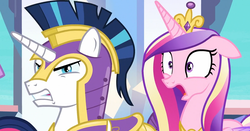 Size: 1187x624 | Tagged: safe, screencap, princess cadance, shining armor, pony, g4, my little pony: friendship is magic, the times they are a changeling, angry, reaction image, shocked