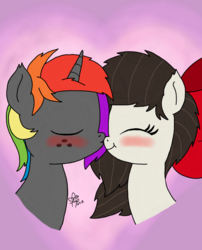 Size: 540x667 | Tagged: dead source, safe, artist:php142, oc, oc only, oc:aggie, oc:krylone, pony, accessory, blushing, bow, cute, eyes closed, hair bow, heart, kissing, kryggie, nose kiss, rainbow hair, smiling