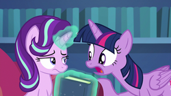 Size: 2029x1141 | Tagged: safe, screencap, starlight glimmer, twilight sparkle, alicorn, pony, every little thing she does, g4, my little pony: friendship is magic, book, duo, duo female, female, twilight sparkle (alicorn)