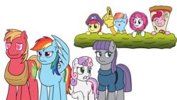 Size: 1280x720 | Tagged: safe, artist:mkogwheel, apple bloom, big macintosh, maud pie, pinkie pie, rainbow dash, rarity, sweetie belle, windy whistles, earth pony, pony, forever filly, g4, hard to say anything, parental glideance, rock solid friendship, clothes, costume, flower costume, flowerity, foam finger, food, food costume, male, pizza costume, pizza head, shame, simple background, spyrate, stallion, white background