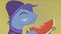 Size: 1920x1080 | Tagged: safe, screencap, smooth vibes, pony, g4, hard to say anything, background pony, beanie, eating, food, hat, herbivore, melon, solo, watermelon