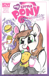Size: 971x1500 | Tagged: safe, artist:diana leto, oc, oc only, oc:ryleigh, pony, bow, burger, clothes, comic cover, commission, drink, eating, food, french fries, hair bow, hay burger, nom, solo, traditional art
