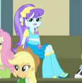 Size: 116x118 | Tagged: safe, screencap, applejack, aqua blossom, fluttershy, equestria girls, g4, my little pony equestria girls: friendship games, boots, bowtie, clothes, cowboy hat, cropped, ear piercing, earring, female, flower, frown, hat, headband, high heel boots, jewelry, piercing, skirt, stetson
