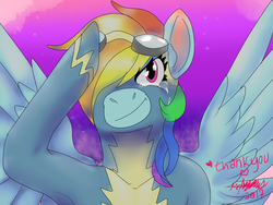 Size: 1600x1200 | Tagged: safe, artist:brainiac, rainbow dash, pegasus, pony, g4, crying, cute, dreams do come true, female, goggles, salute, solo, text, thank you, wonderbolts