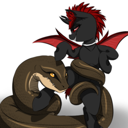 Size: 1000x1000 | Tagged: safe, artist:kennzeichen, oc, oc only, oc:pestilence, changeling, snake, commission, gradient background, pet, pet oc, red changeling, restrained, wrapped up, ych result